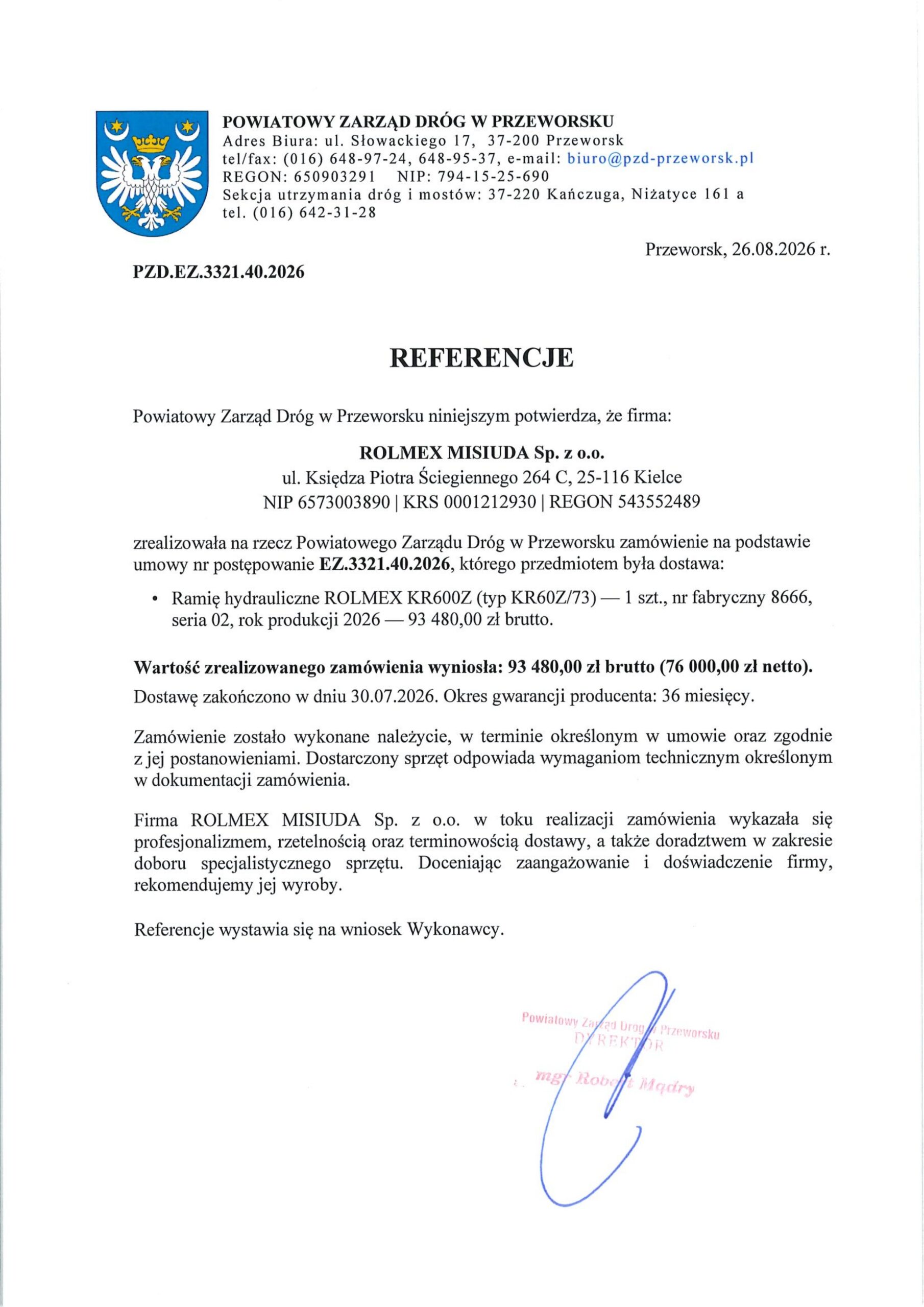 Referencje Powiatowego Zarządu Dróg w Przeworsku dla ROLMEX MISIUDA Sp. z o.o. — kosiarka wysięgnikowa (ramię hydrauliczne) KR600Z agregatowana z ciągnikiem CASE IH LUXXUM 120, 2026