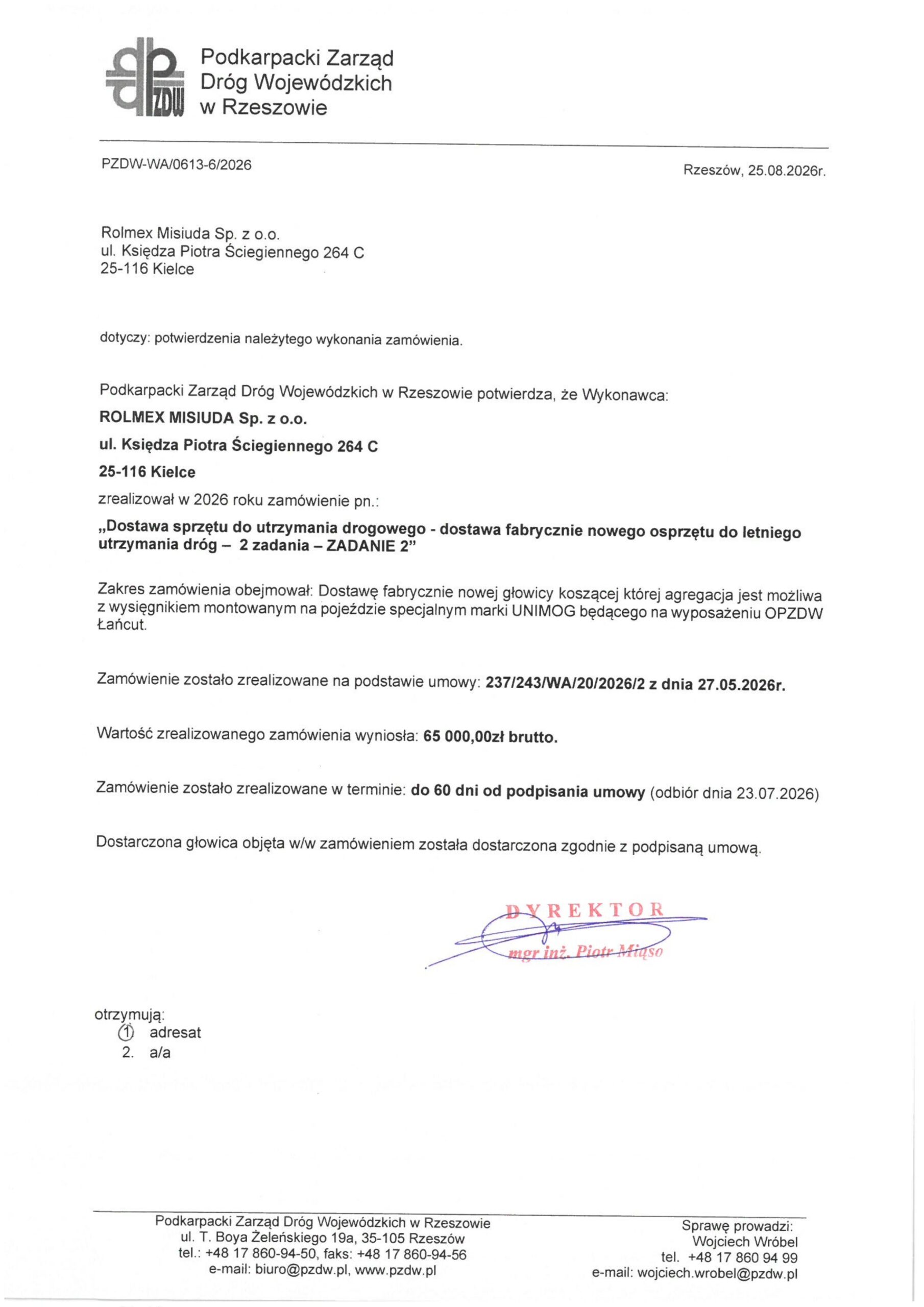 Referencje Podkarpackiego Zarządu Dróg Wojewódzkich w Rzeszowie dla ROLMEX MISIUDA Sp. z o.o. — fabrycznie nowa głowica kosząca do wysięgnika hydraulicznego na pojeździe UNIMOG, OPZDW Łańcut, 2026