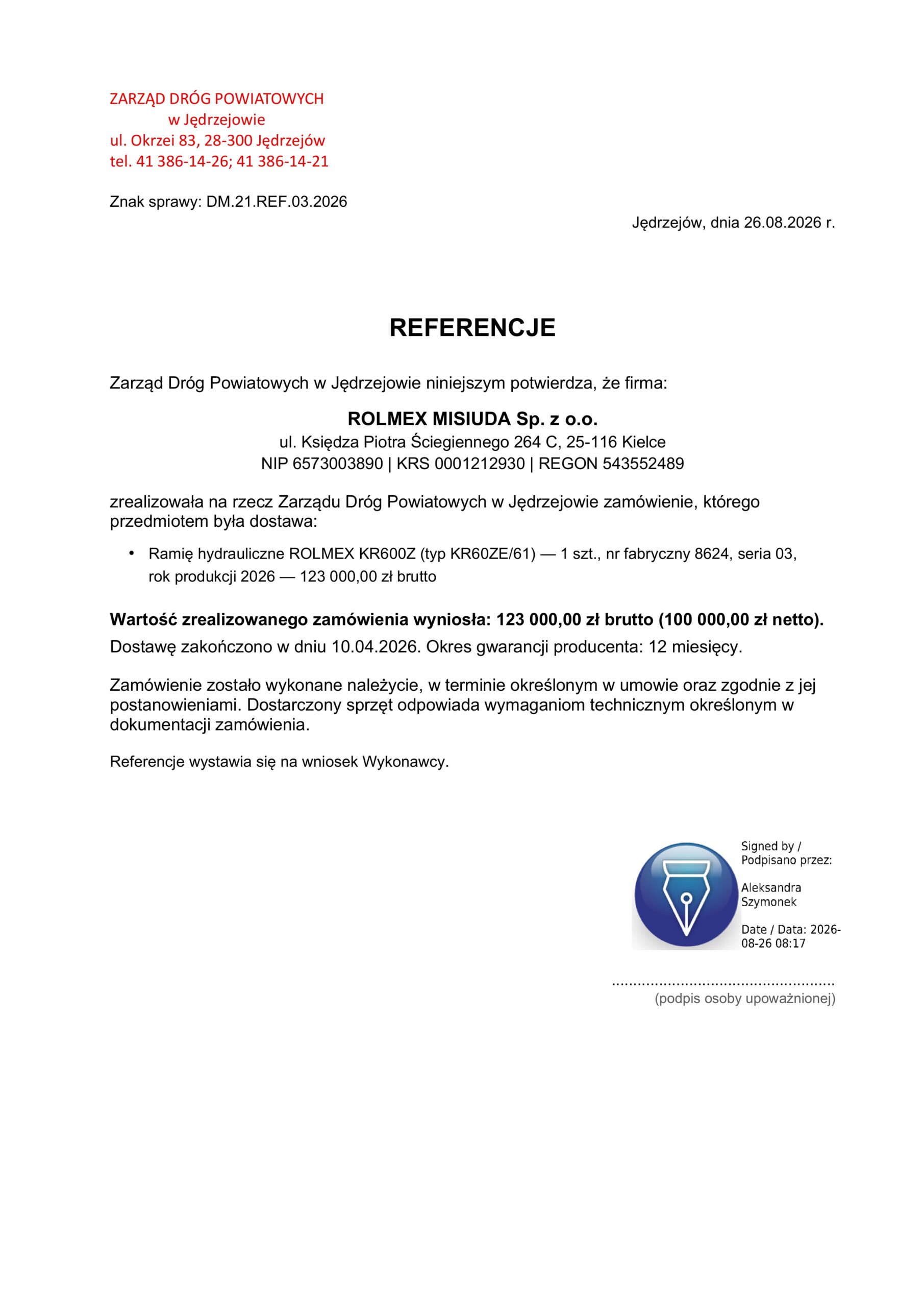 Referencje Zarządu Dróg Powiatowych w Jędrzejowie dla ROLMEX MISIUDA Sp. z o.o. — kosiarka wysięgnikowa (ramię hydrauliczne) KR600Z, 2026