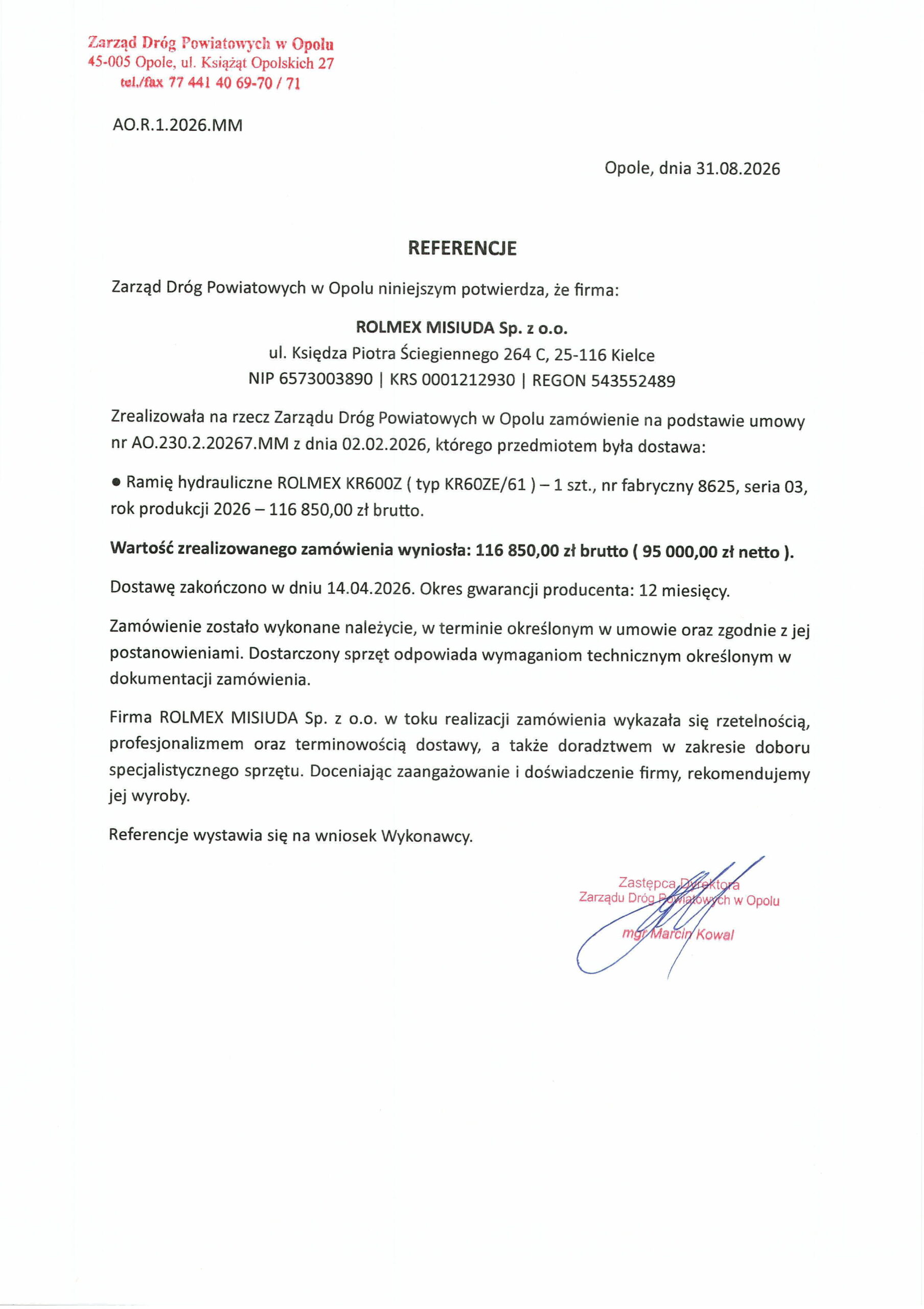 Referencje Zarządu Dróg Powiatowych w Opolu dla ROLMEX MISIUDA Sp. z o.o. — kosiarka wysięgnikowa (ramię hydrauliczne) KR600Z, 2026